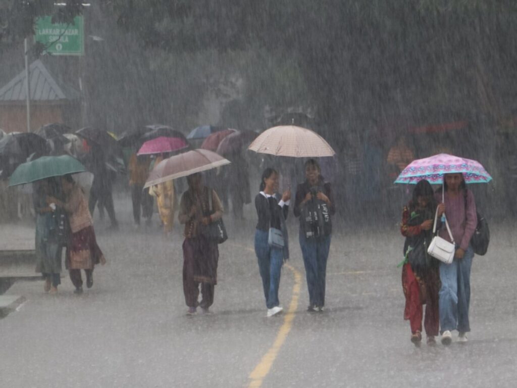 People walk under umbrellas amid heavy monsoon showers